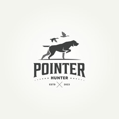 Wall Mural - silhouette pointer dog hunting badge logo template vector illustration design. duck above pointer dog hunting equipment emblem logo concept