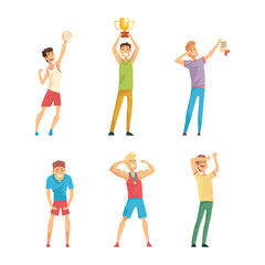 Canvas Print - Male athletes celebrating victory set. Sports competition winners standing with hands raised cartoon vector illustration