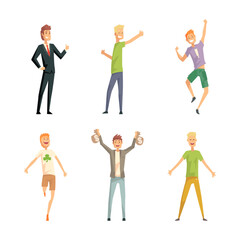 Sticker - Happy successful people celebrating victory, financial success, lottery win set cartoon vector illustration