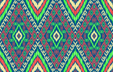 African Bright Glow Neon Ikat Patterns. Geometric Tribal Vintage Retro Style. Ethnic Fabric Ikat Seamless Pattern. Indian Navajo Aztec Folk Ikat Print Vector. Design For Backdrop Texture Cloth Textile