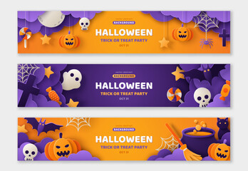 happy halloween banners set, party invitation background with clouds, bats and pumpkins in paper cut