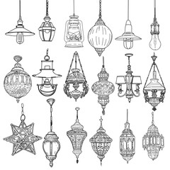 Hanging vintage lamp drawing set, vector illustration