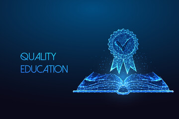 Wall Mural - Concept of Quality education with open book and excellence badge symbol in futuristic style on blue