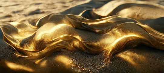 Spectacular abstract glistening golden solid liquid waves like liquid gold or solid yellow water. Digital 3D illustration.