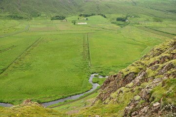 Sticker - Scenic view of green valley with river near the great Geysir of Iceland in Blaskogabyggd, Iceland