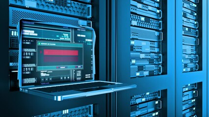 Application Failed Warning Error Alert Text on Computer Screen Entering Login And Password on server racks data center room Internet. concept of Software failure, app stopped working, unit crashed