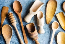 Overhead View Of Assorted Wooden Spoons And Kitchen Cooking Utensils