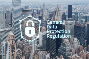 Aerial panoramic city view, Upper Manhattan area, the East Side, river and Brooklyn on horizon, New York city, USA. GDPR hologram, concept of data protection regulation and privacy for all individuals