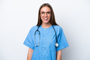 Wall Mural - Young nurse caucasian woman isolated on white background with surprise facial expression