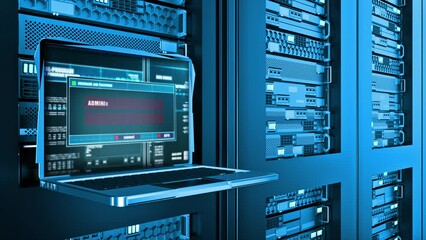 Service Website Unavailable Warning Error Alert Text on Computer Screen Entering Login And Password on server racks data center room Internet. concept of HTTP Error 503. server errors. Page not found.