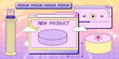 Retro browser computer window in 90s vaporwave style with podium for new product. Retrowave pc desktop with platform display, message boxes and popup user interface elements, Vector illustration of UI