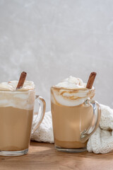 Wall Mural - Pumpkin latte in a glasses. Autumn drink for Halloween or Thanksgiving.