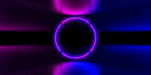 Wall Mural - Glowing round neon light, dark stage, purple blue vibrant virtual futuristic portal, 3d render