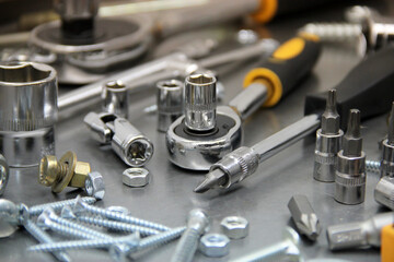 Wall Mural - A set of tools and wrenches close-up. Tool for car repair or replacement of car parts, auto parts.