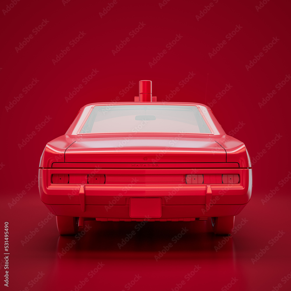Red AMC Matador Police CAR 1972. Monochrome Single Color Red Car From Back View, 3D Rendering