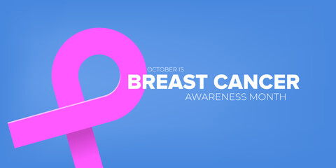 Wall Mural - Breast cancer awareness month concept horizontal banner design template with pink ribbon and text isolated on blue background. October is Breast cancer awareness month vector flyer or poster