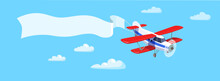 Cute Retro Red Airplane Is Flying In The Blue Sky Over The Clouds With Advertising Banner. Template For Text. Vector Cartoon Illustration.