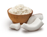 Fototapeta Uliczki - Wooden bowl full of coconut flour isolated on white