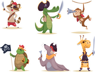 Canvas Print - Pirate animals. Wild animals in action poses with pirate attributes clothes and weapons exact vector colored cute illustrations