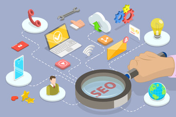 Wall Mural - 3d isometric flat vector conceptual illustration of seo optimization, web analytics and search engin