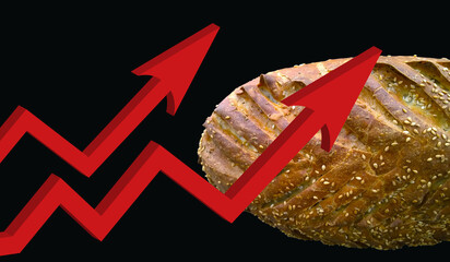 Two 3d red growing up large arrow on black background with bread. Bar charts and graphs. Rising wheat price. Inflation concept. Economy. Stock Market. Grocery Store. Recession. Global food crises.