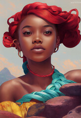 Illustration of a beautiful mermaid-vibe African American woman with red hair