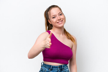 Poster - Young caucasian girl isolated on white background shaking hands for closing a good deal