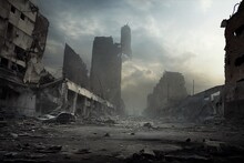 A Post-apocalyptic Ruined City. Destroyed Buildings, Burnt-out Vehicles And Ruined Roads. 3D Rendering