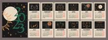 Magic Calendar 2023. Mystical Sun, Creatures, Magic Items. Boho Style, Printable Poster. Vector Graphics.