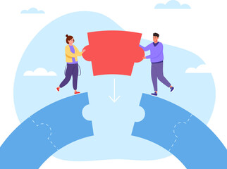 Business bridge puzzle. Gender collaboration connecting accessing building partner bridges complete gaps compromise problem risk of entrepreneurs team concept vector illustration