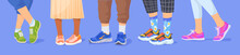Legs In Sneakers. Man Woman Leg Wearing Footwear, Human Feet At Comfortable Model Trend Shoe, Fashion 90s Lifestyle Stylish Colorful Socks Leather Sneaker, Neat Vector Illustration