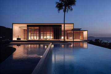 Modern angular luxury tropical villa with a swiming pool
