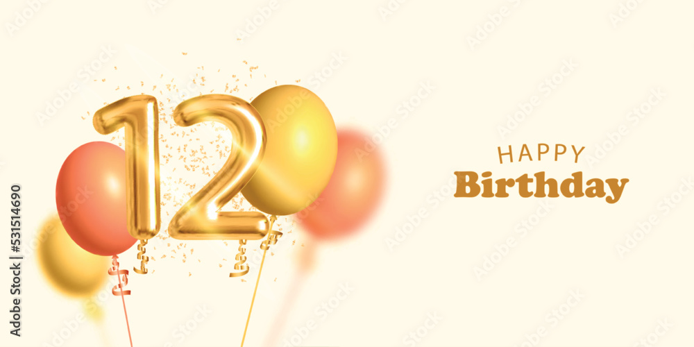 Vector realistic isolated invitation card for Happy Birthday with 12 number golden balloon and confetti.