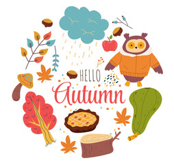 Wall Mural - Hello autumn leaf banner poster abstract concept. Vector graphic design element illustration