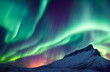 Northern Lights over snowy mountains. Aurora borealis with starry in the night sky. Fantastic Winter Epic Magical Landscape of Mountains 