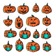 Vector Halloween hand drawn doodle set with pumpkin with scarry faces jack o lantern in masks with different face expressions isolated