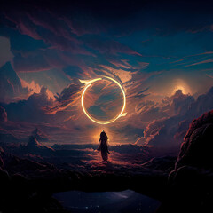 Wall Mural - abstract fantasy neon space landscape. star nebulae, month and moon, mountains, fog. unreal fantasy 