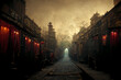 Leinwandbild Motiv Fairy Tale Mystical Empty Red Lights Street of the Ancient Town 3D Art Illustration. Spooky Alley of Oldtown Atmospheric Background. Fantasy Scary Environment AI Neural Network Generated Art Wallpaper