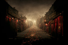 Mysterious Scary Empty Street Of Autumn Asian Old Town 3D Art Fantasy Illustration. Spooky Environment Horror Movie Place Background. Creepy Alley Of Oldtown AI Neural Network Generated Art Wallpaper