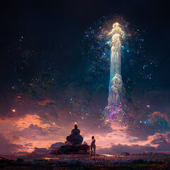 Wall Mural - abstract fantasy neon space landscape. star nebulae, month and moon, mountains, fog. unreal fantasy 