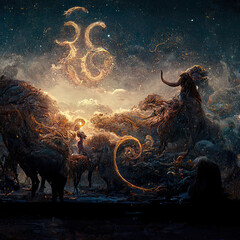 Wall Mural - abstract fantasy neon space landscape. star nebulae, month and moon, mountains, fog. unreal fantasy 