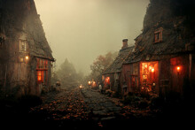 Spooky Ugly Huts At Autumn Misty Mystical Ghost Village 3D Art Illustration. Witch Street Of Creepy Old Small Town Halloween Horror Background. AI Neural Network Generated Art Wallpaper
