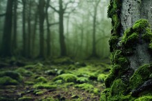 Green Moss Growing On Trunk Of Old Tree In Misty Forest
