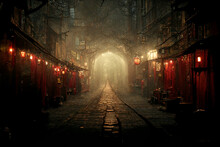 Mystical Empty Red Lights Street In Spooky Ancient Town 3D Art Illustration. Scary Alley Of Oldtown Horror Movie Background. Chinatown Creepy Environment AI Neural Network Generated Art Wallpaper