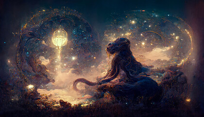 Wall Mural - abstract fantasy neon space landscape. star nebulae, month and moon, mountains, fog. unreal fantasy 