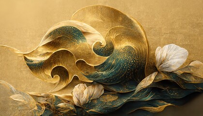 Canvas Print - Fantasy flowers and wavy leaves on golden background