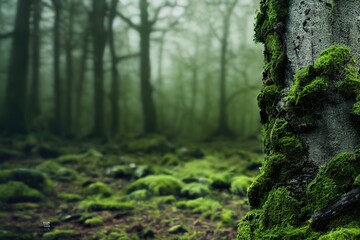 Green moss growing on trunk of old tree in misty forest