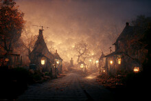 Night Autumn Misty Street With Ugly Huts In Ghost Village 3D Art Illustration. Spooky Mystical Old Small Town Halloween Fantasy Background. Mysterious Rural Witch Hovels AI Generated Art Wallpaper