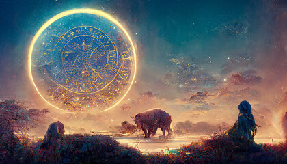 Wall Mural - abstract fantasy neon space landscape. star nebulae, month and moon, mountains, fog. unreal fantasy 
