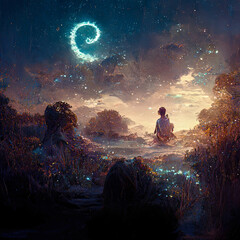 Wall Mural - abstract fantasy neon space landscape. star nebulae, month and moon, mountains, fog. unreal fantasy 